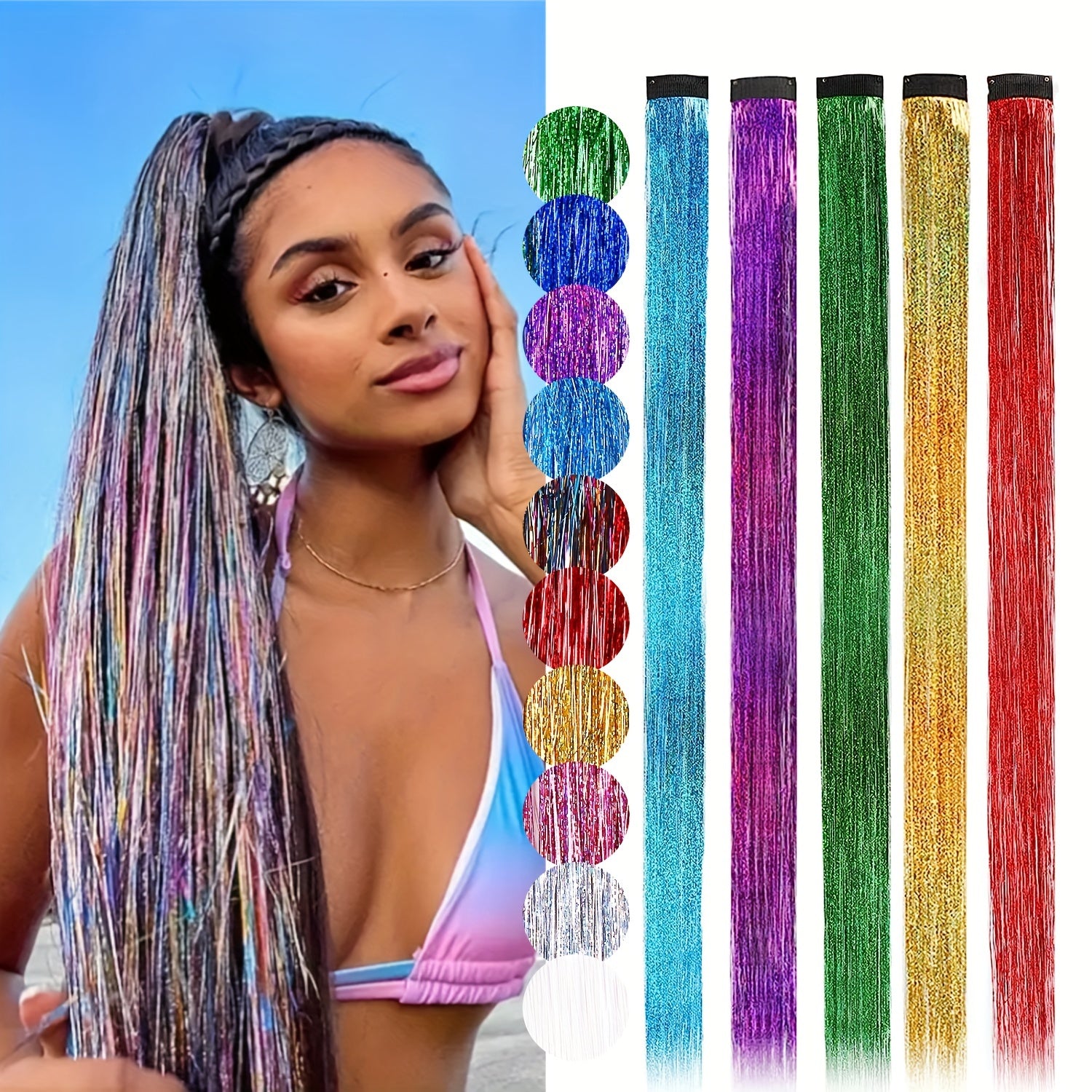 2pcs Y2K Tinsel Hair Extension 10 Colors Glitter Rainbow Synthetic Hair