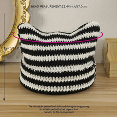 Striped Knitted Beanie Hat Cat Ears Pullover Hat For Men And Women
