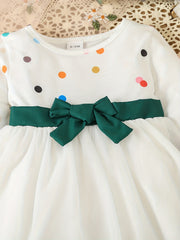 Baby Girls Colorful Dotted Mesh Belted Bow Dress Party Princess Dress