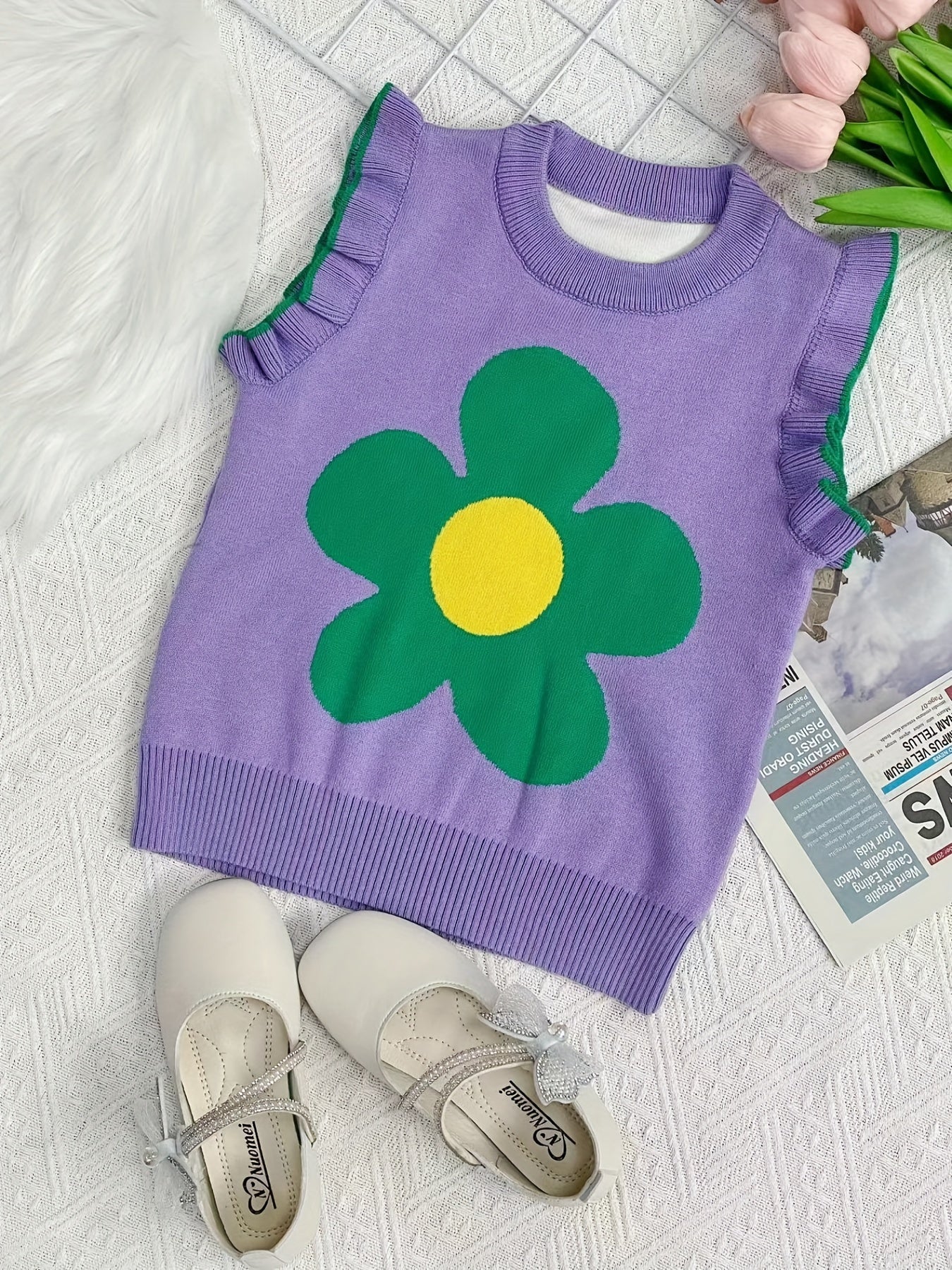 Girls Flower Graphic Knit Sweater Vest Sleeveless Ruffle Trim