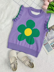 Girls Flower Graphic Knit Sweater Vest Sleeveless Ruffle Trim