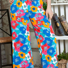 Women's Plus Floral Print Elastic Drawstring Beachwear Wide Leg Pants