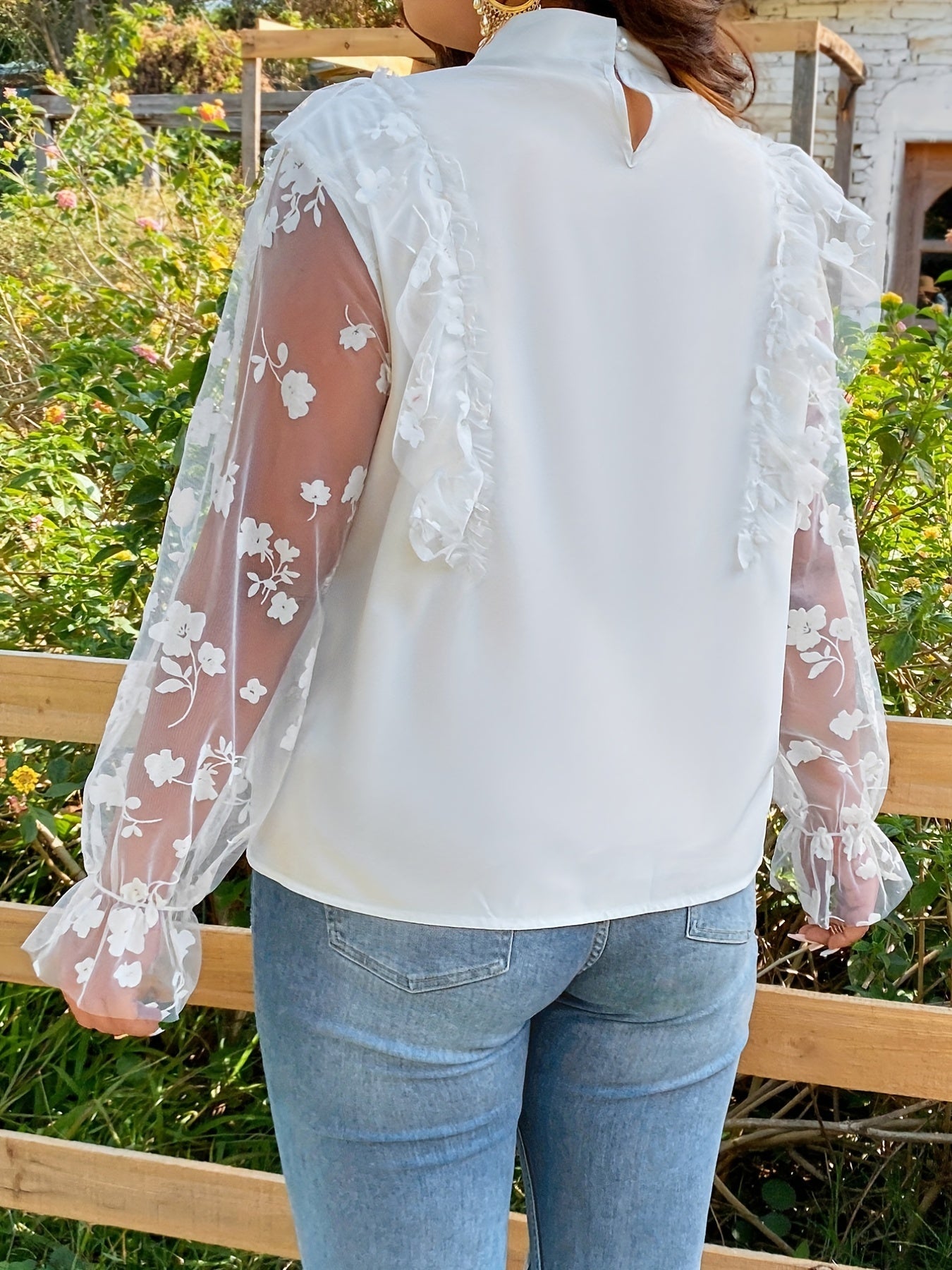  Mesh Jacquard Ruffle Trim Blouse