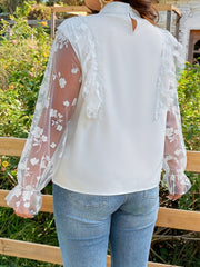  Mesh Jacquard Ruffle Trim Blouse