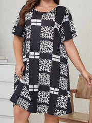  Colorblock Leopard & Grid Print Short Sleeve Dress