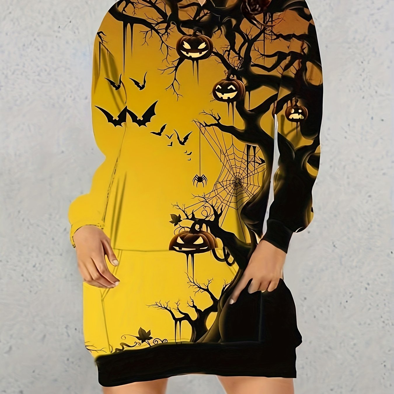 Women's Plus Monster & Pumpkin Print Hooded Sweatshirt Dress