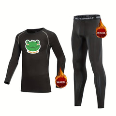 2pcs Kids Compression Fleece Sets Frog Pattern Crew Neck Pullover Matching Pants