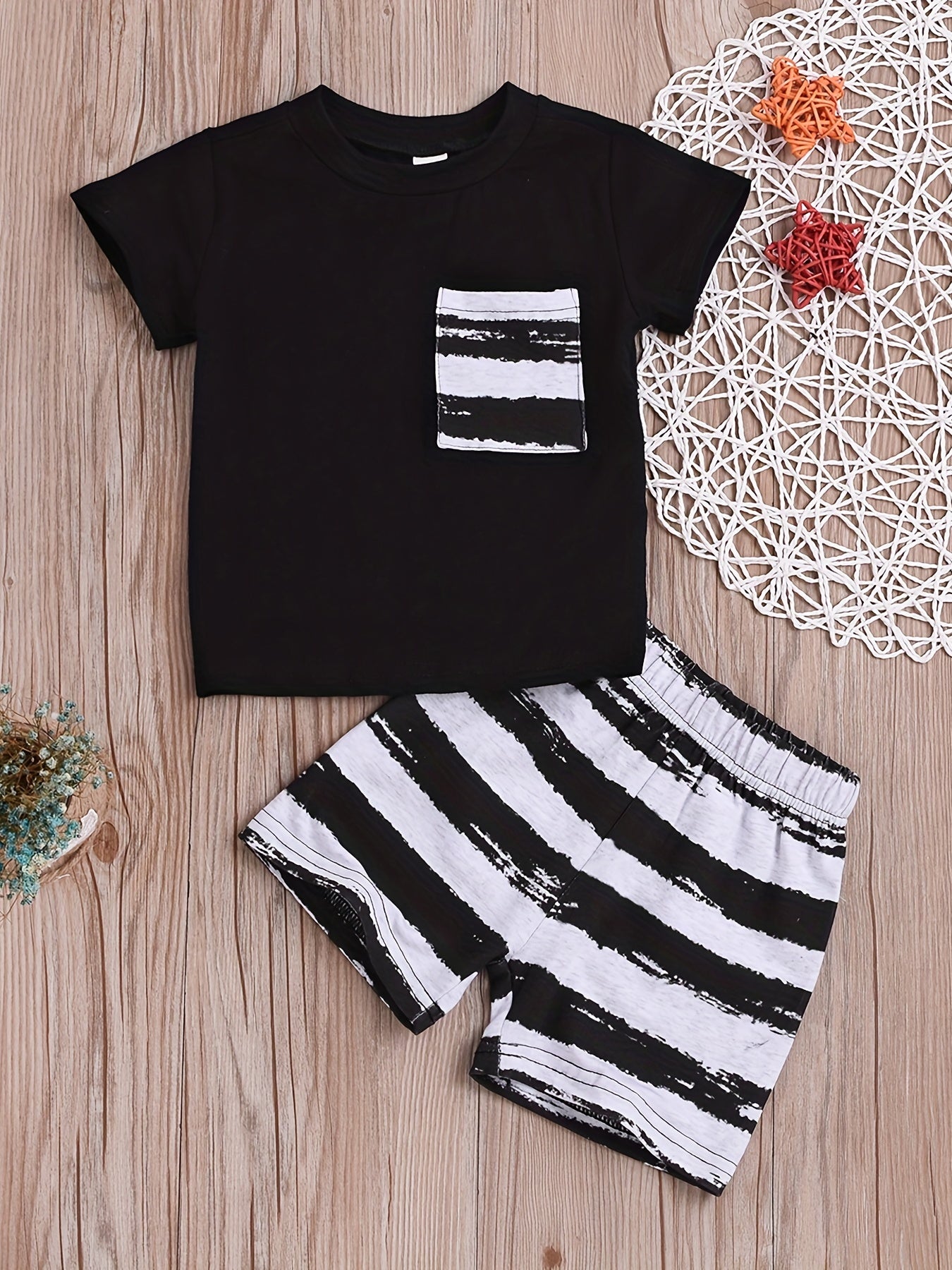 Summer Baby Boy's Casual Outfit Top & Striped Shorts Set