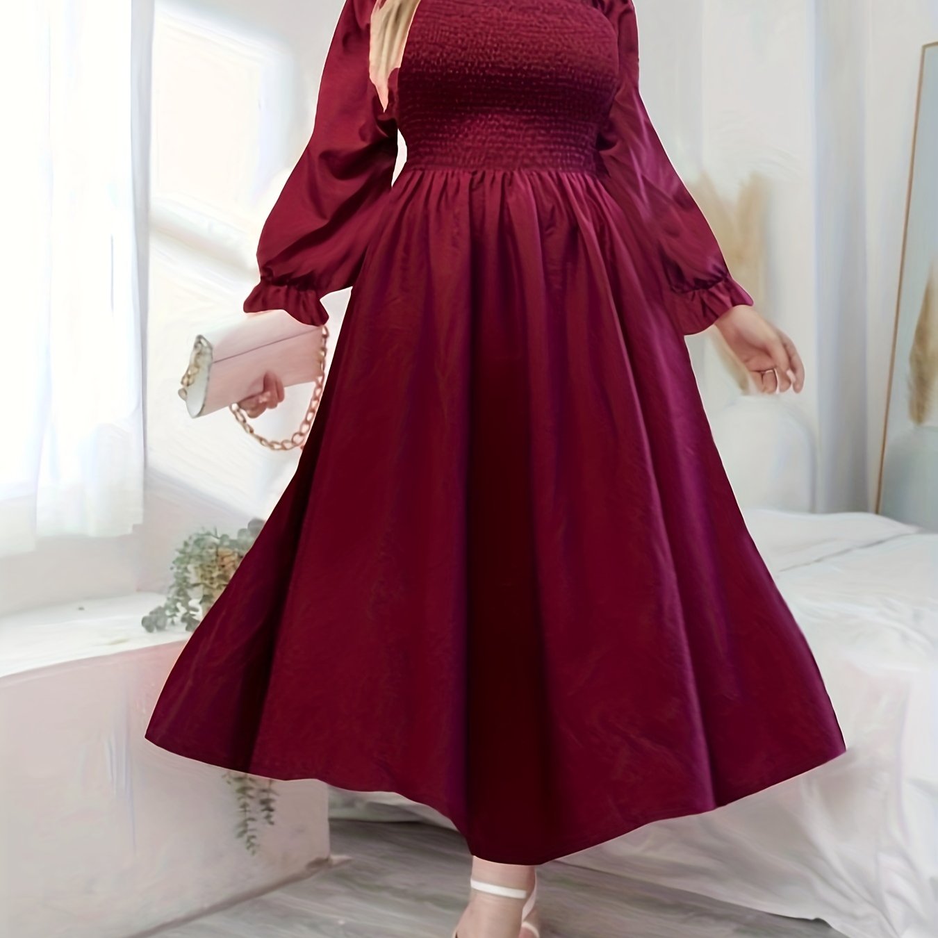  Solid Lantern Sleeve Maxi Dress