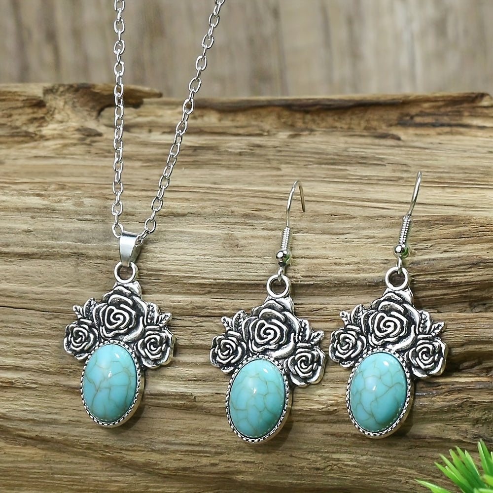 3pcs Turquoise Rose Jewelry Set Boho Style Earrings Necklace