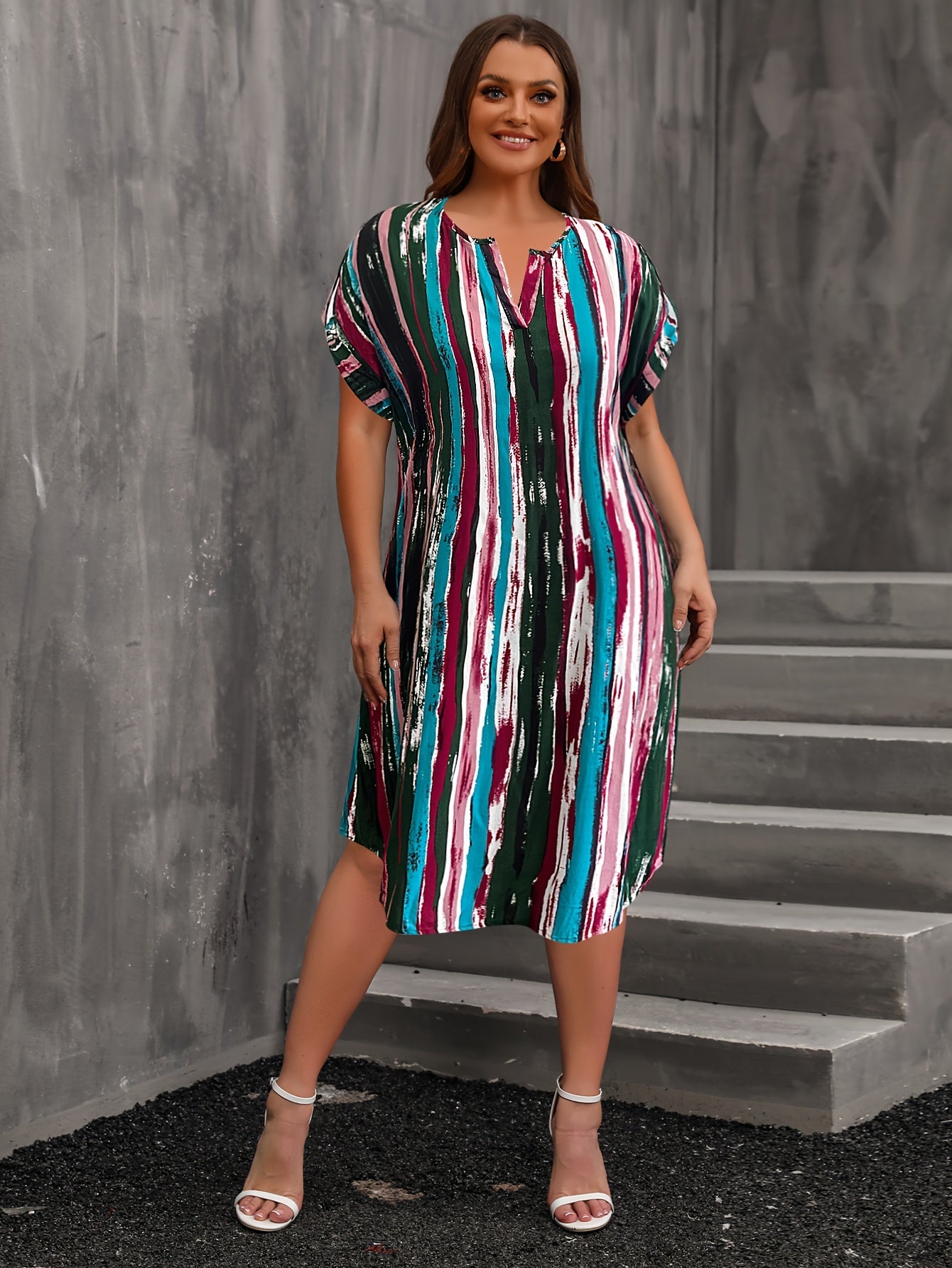  Colorblock Stripe Print Short Sleeve Mini Dress