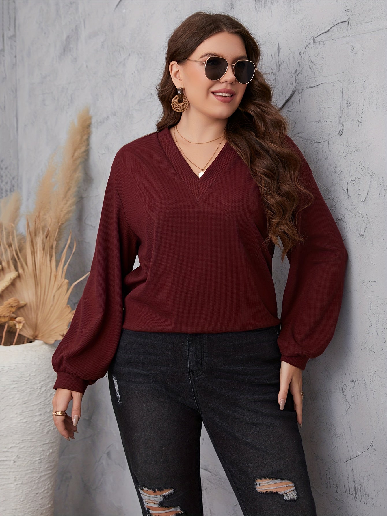  Casual Knit Top Solid Lantern Sleeve V Neck Knit Top