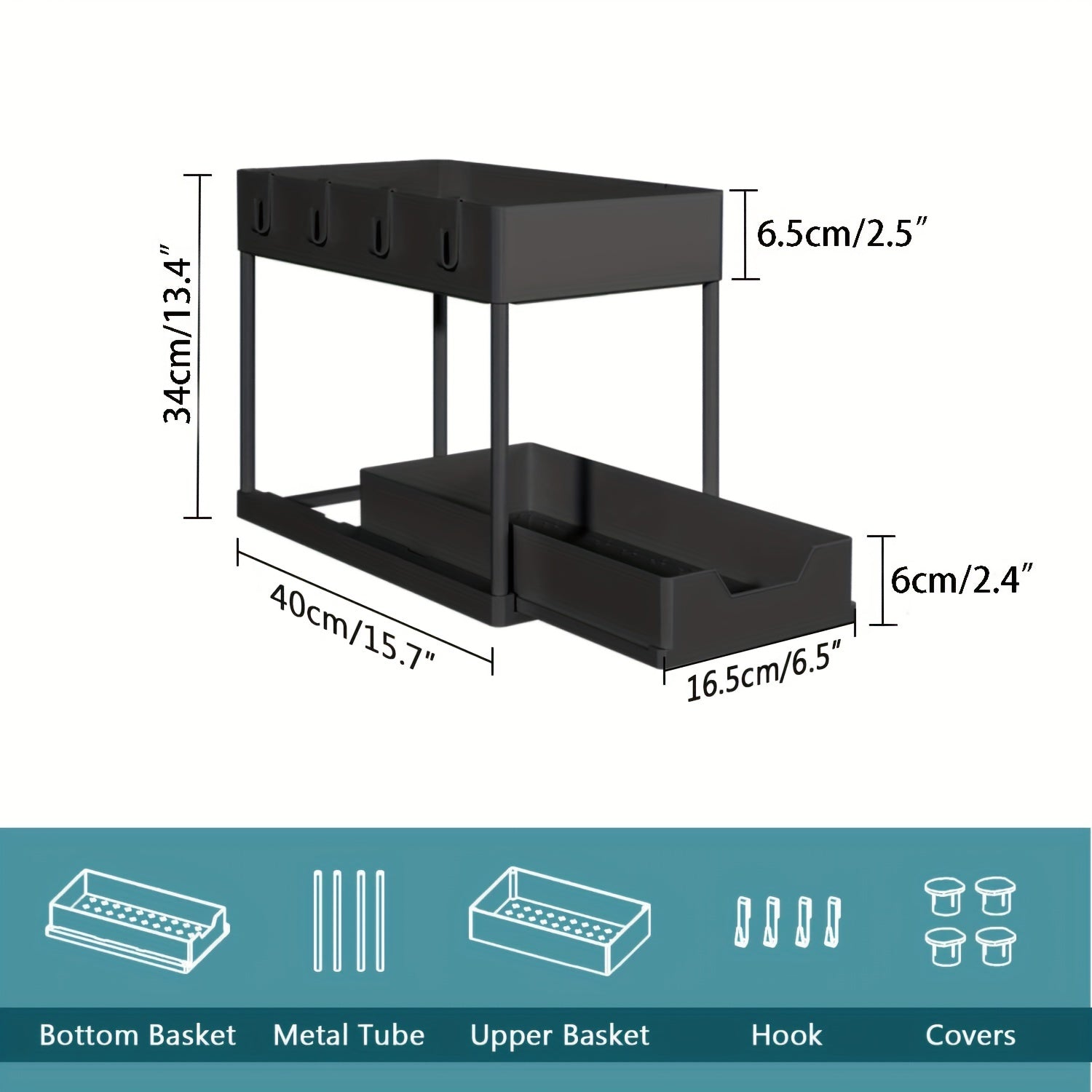 2 Tier Sliding Sink Organizer Rack Bathroom Kitchen Storage Hook