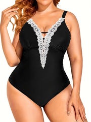  Contrast Lace Crisscross V Neck One Piece Swimsuit