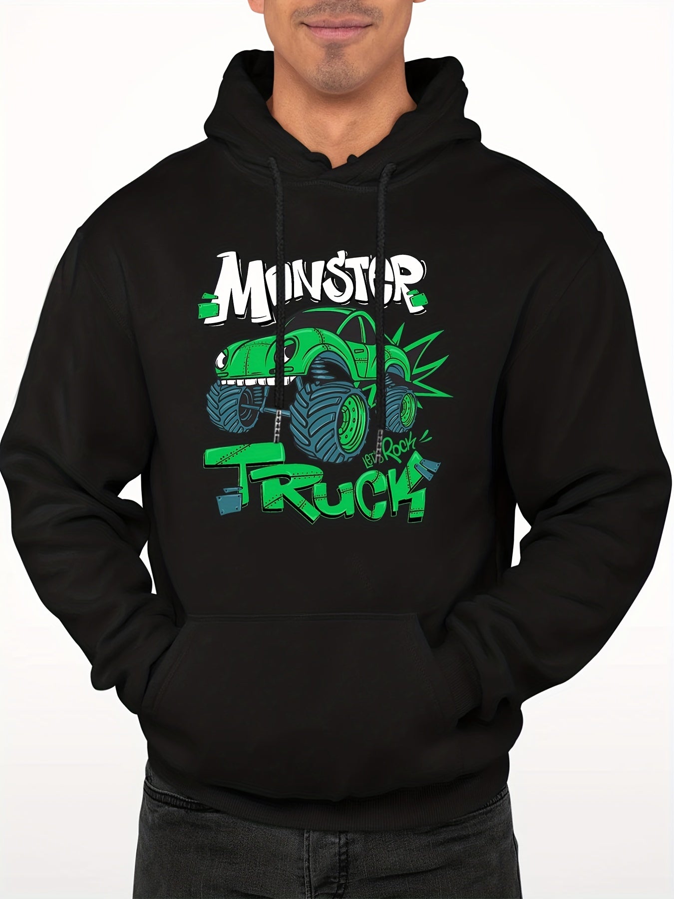 Men's Car Monster Print Hooded Sweatshirt Long Sleeve Drawstrings