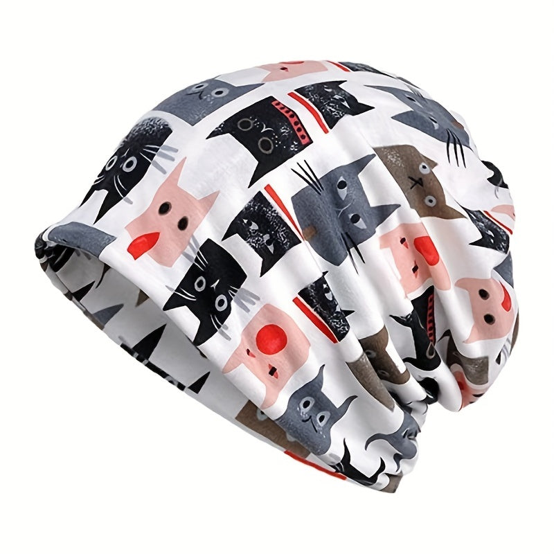 Cartoon Cat Print Beanie Skull Hat Turban Lightweight Chemo Cap