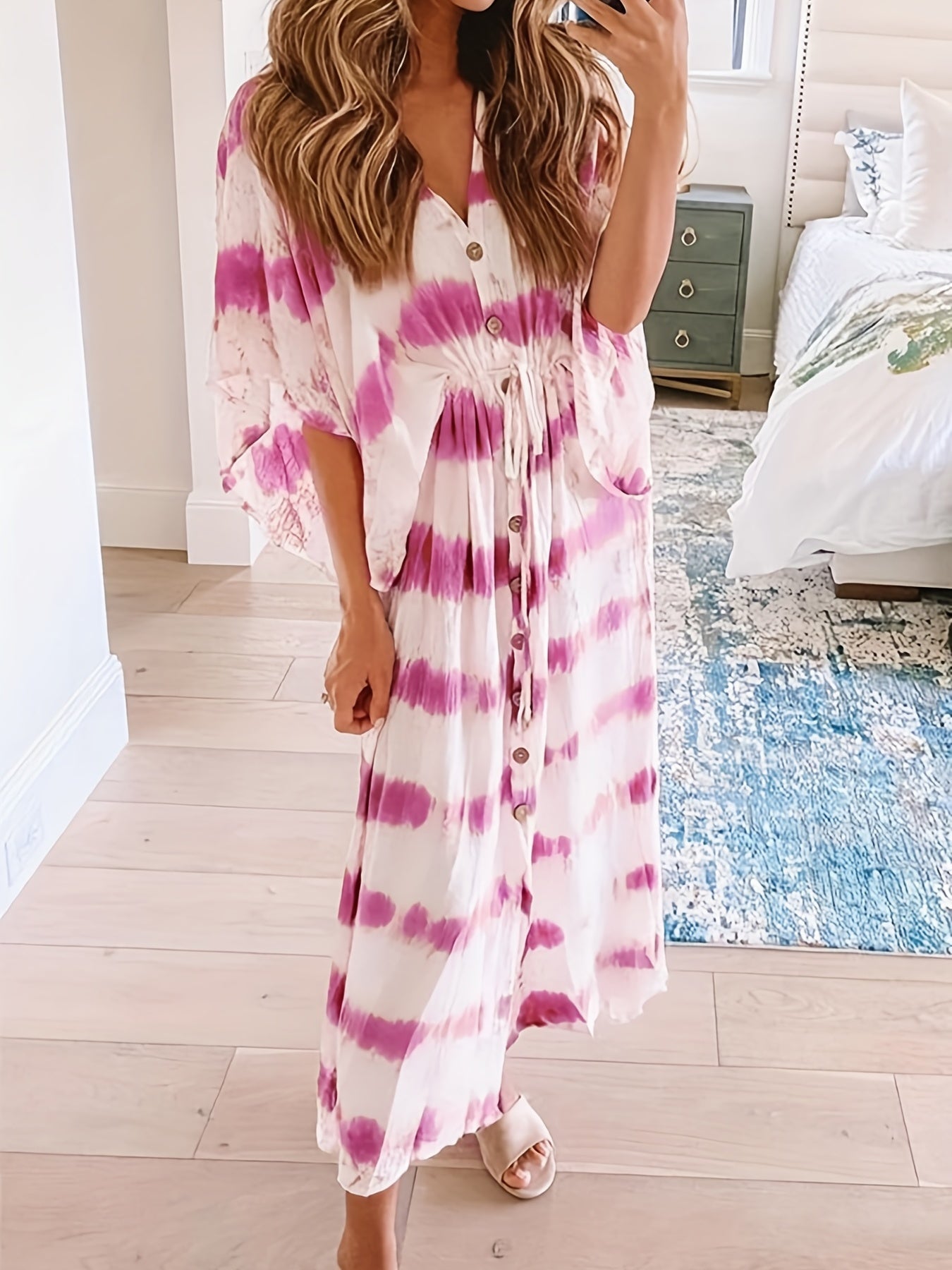  Tie Dye Butterfly Sleeve Maxi Dress