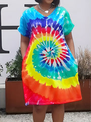 Women's Plus Tie Dye Short Sleeve V Neck Stretch Dress With Pockets