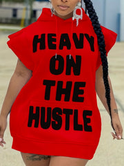  Slogan Print Drawstring Cap Sleeve Mini Hoodie Dress