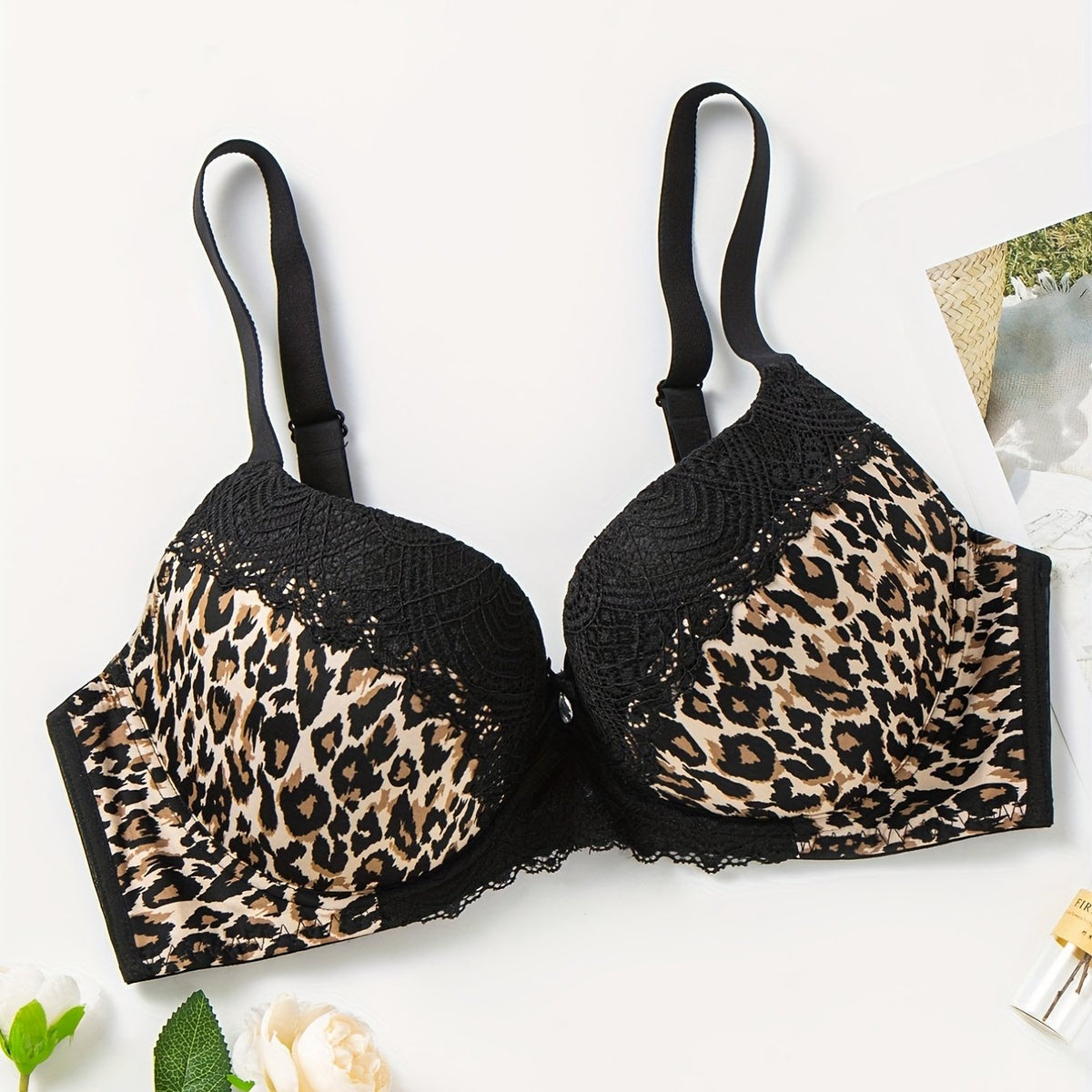  Leopard Print Lace High Stretch Rhinestone Bra