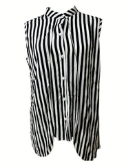  Stripe Print Button Up Tank Blouse