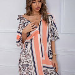  Colorblock Paisley Print Button Up Boho Dress
