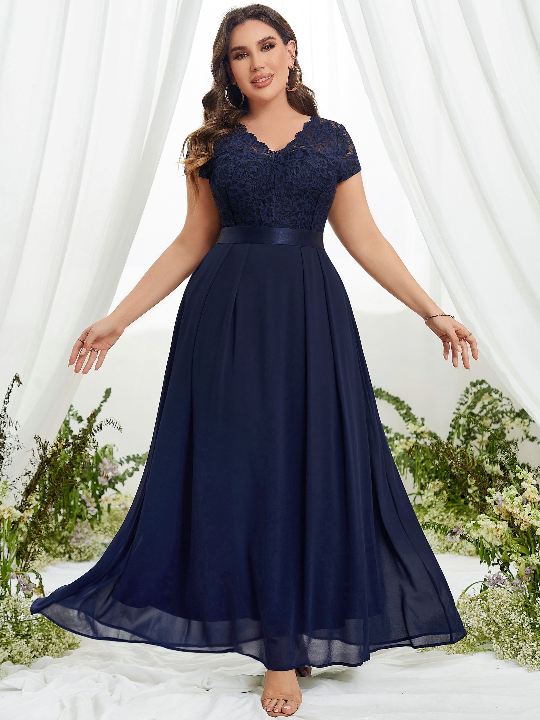  Bridesmaid Dress Solid Lace Short Sleeve V Neck Maxi Formal Dress