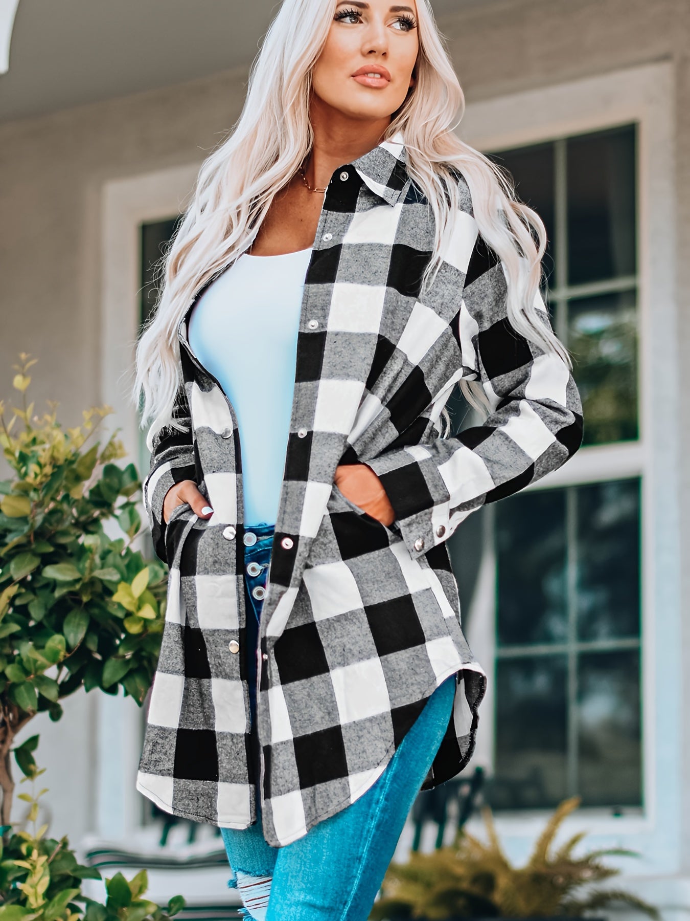 Plaid Shirt Jacket Long Sleeve Casual Plaid Shacket For Spring & Fall Women's