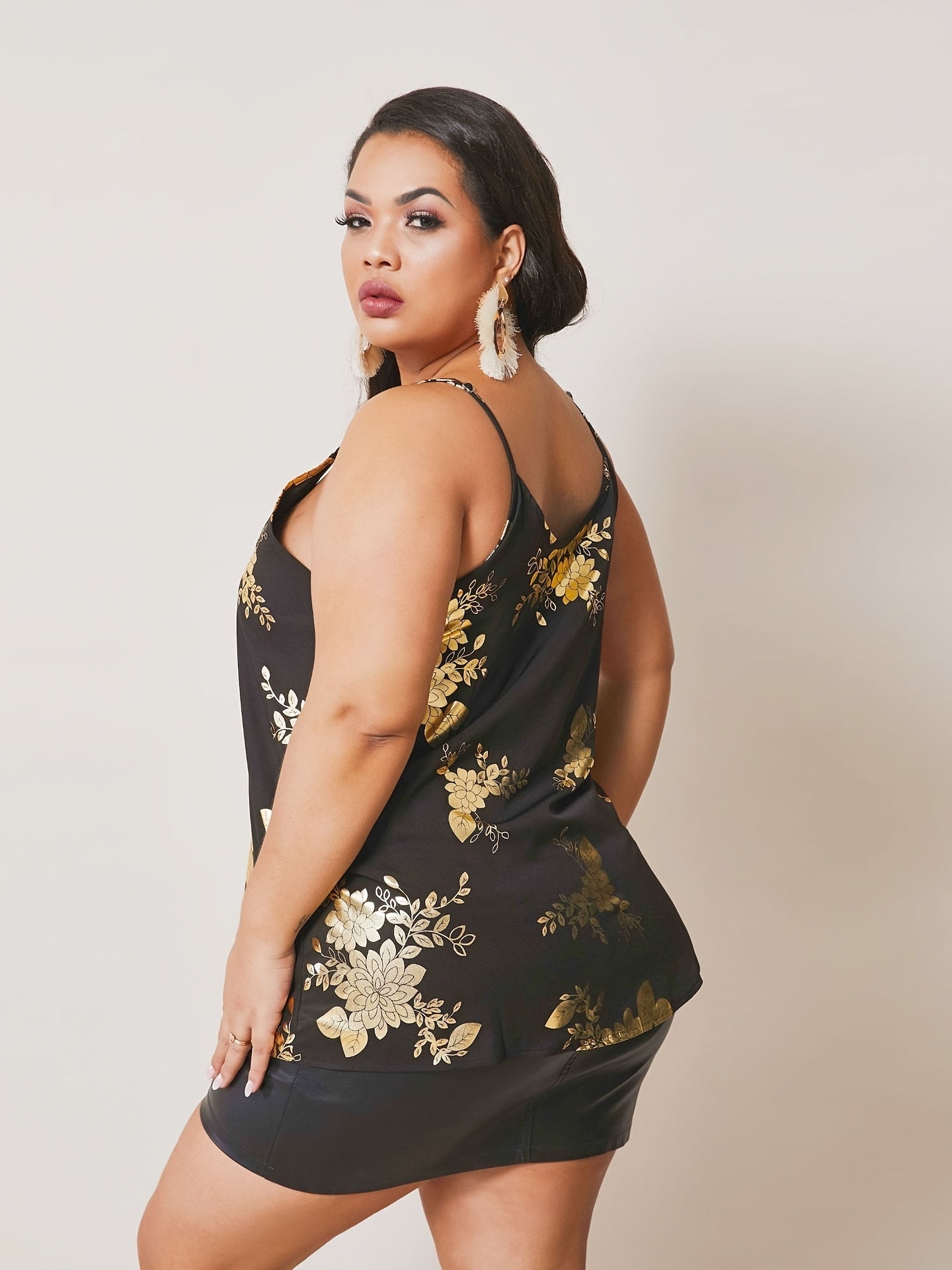  Golden Floral Print V Neck Cami Top