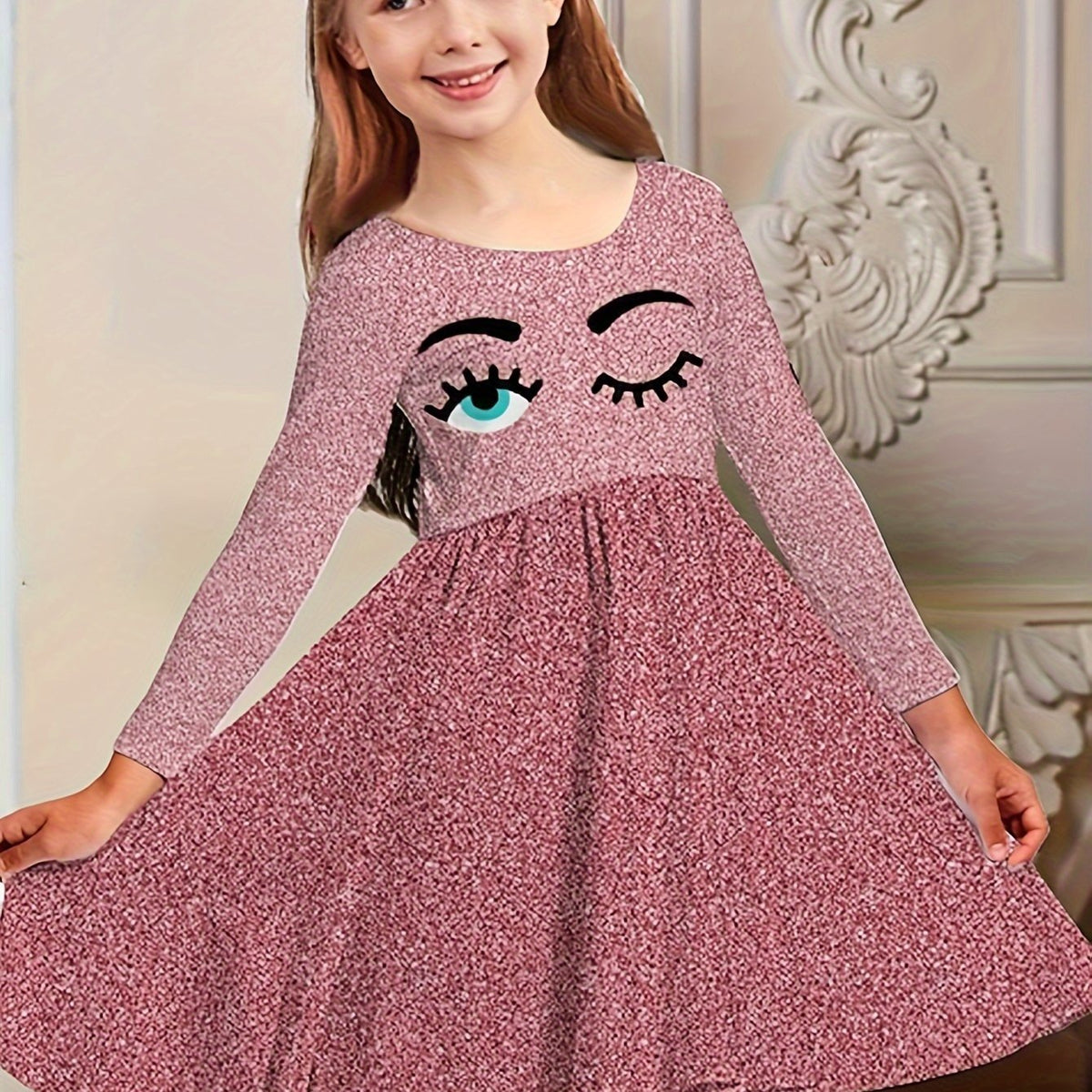 Girls Funny Eyes Print Long Sleeve Dress for Spring