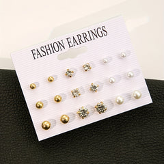 9 Pairs Round Faux Pearl Stud Earrings Set Silver Plated