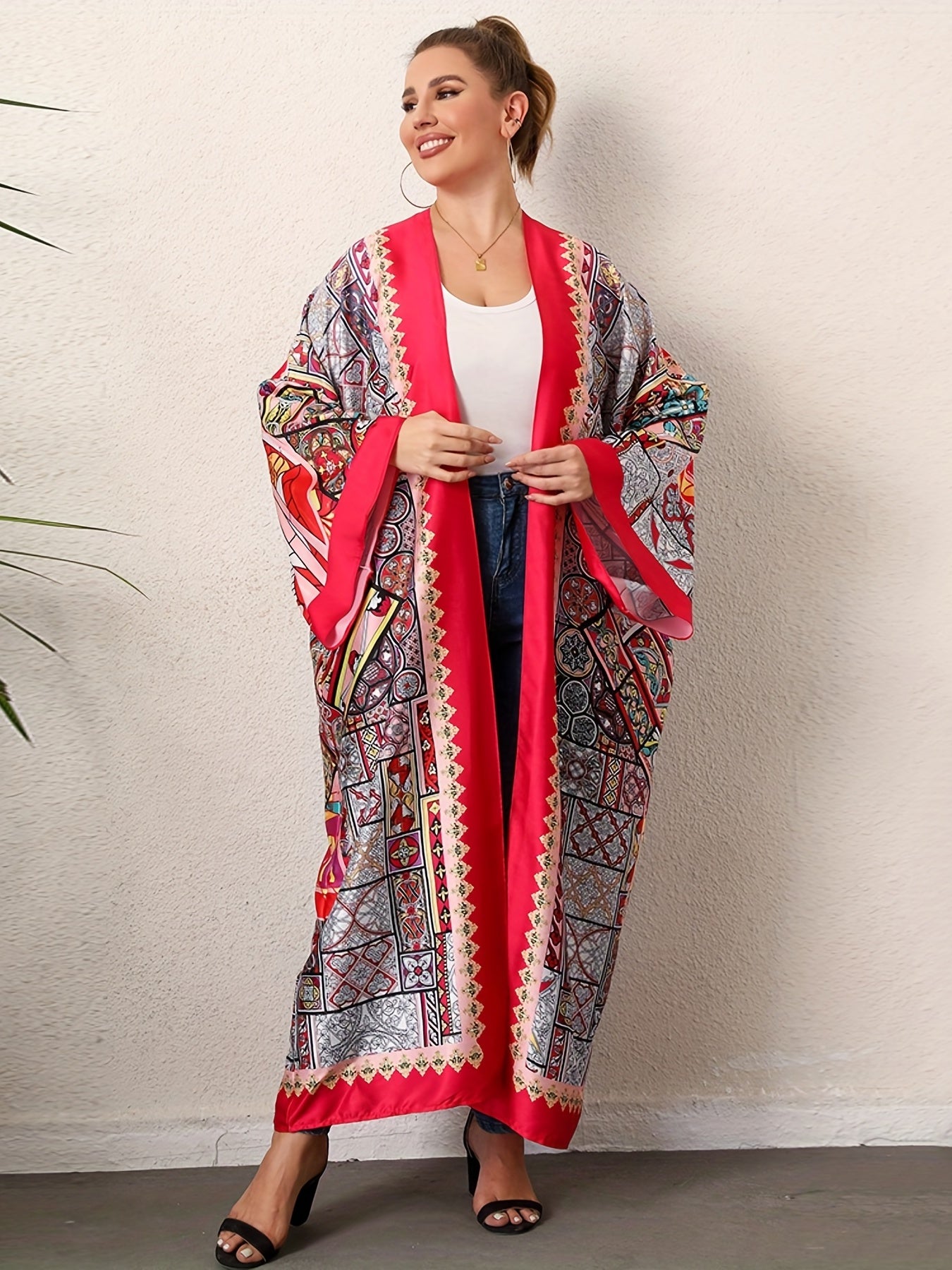  Boho Kimono Scarf Print Bat Sleeve Beach Cover