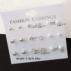 9 Pairs Round Faux Pearl Stud Earrings Set Silver Plated
