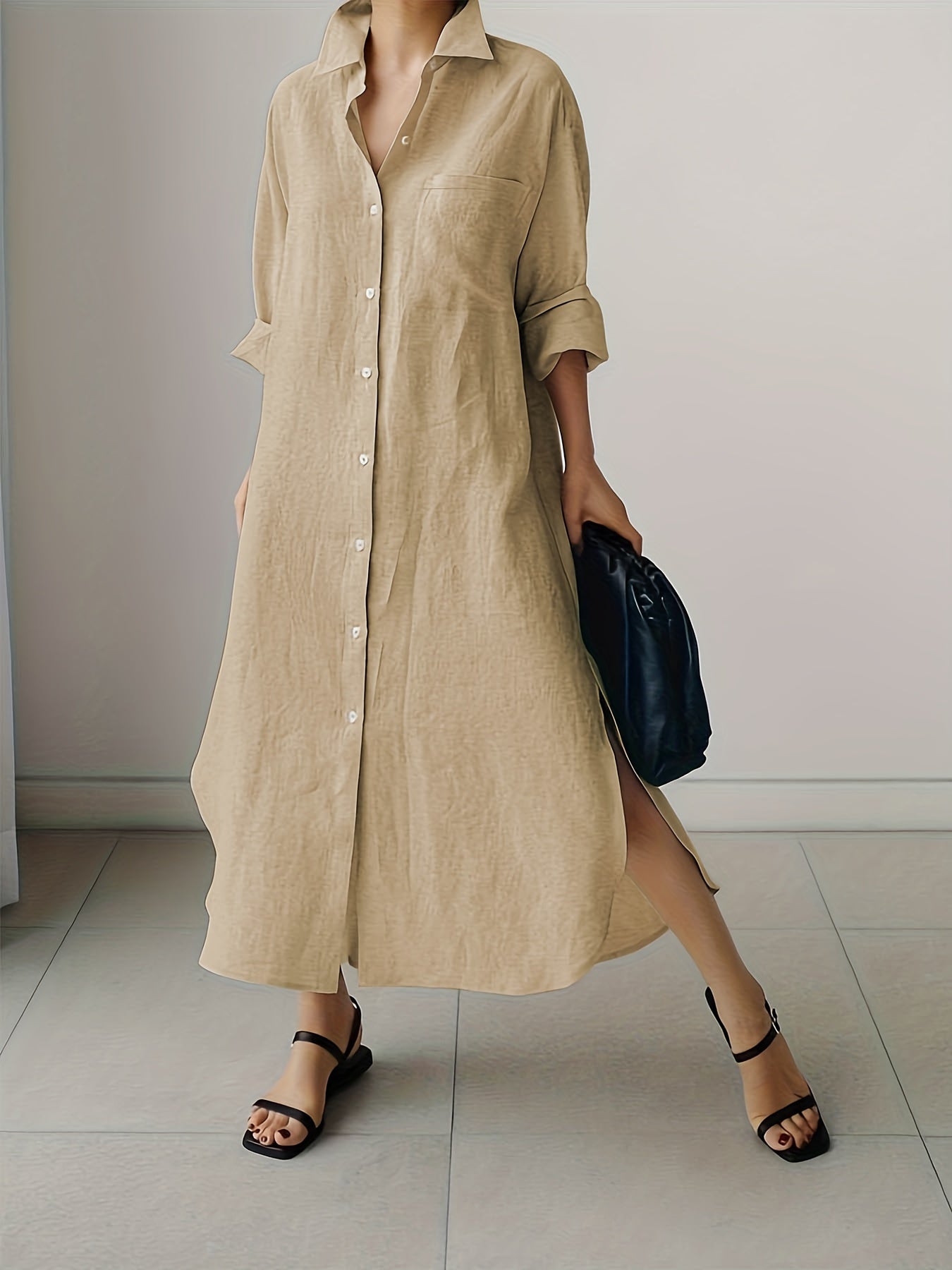  Button Up Long Sleeve Maxi Shirt Dress