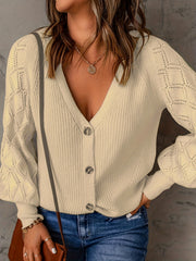  Solid Lantern Sleeve Stretch Knitted Cardigan