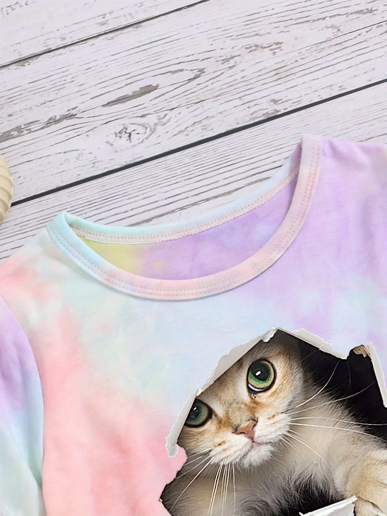 Kitty & Tie Dye Tee for Toddler Girls Short Sleeve Crewneck Summer Top