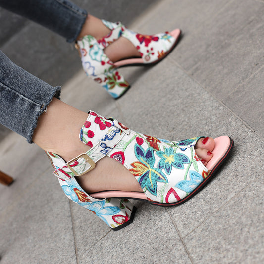 Flower Pattern Block Heels Comfortable Open Toe Sandals