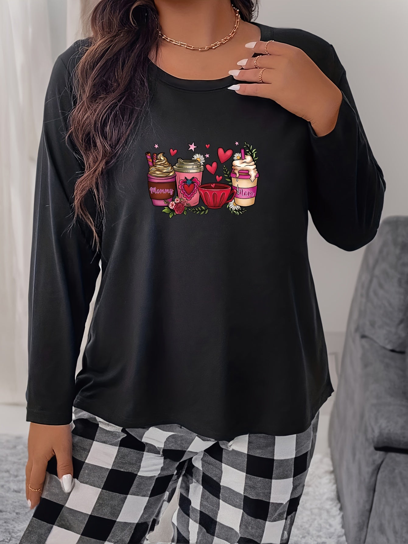  Floral Drinks Print Long Sleeve Pajama Top