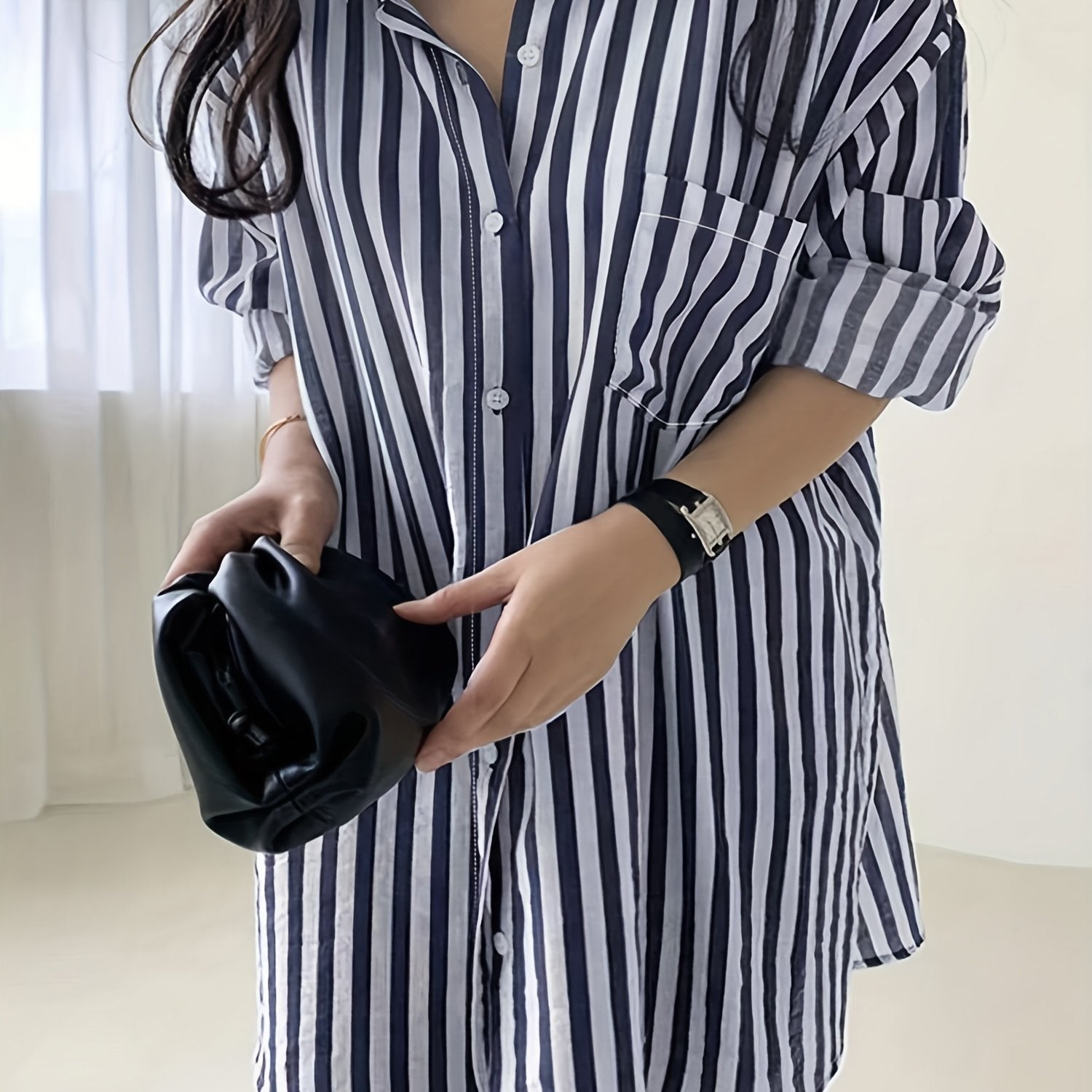  Stripe Print Long Sleeve Button Up Shirt