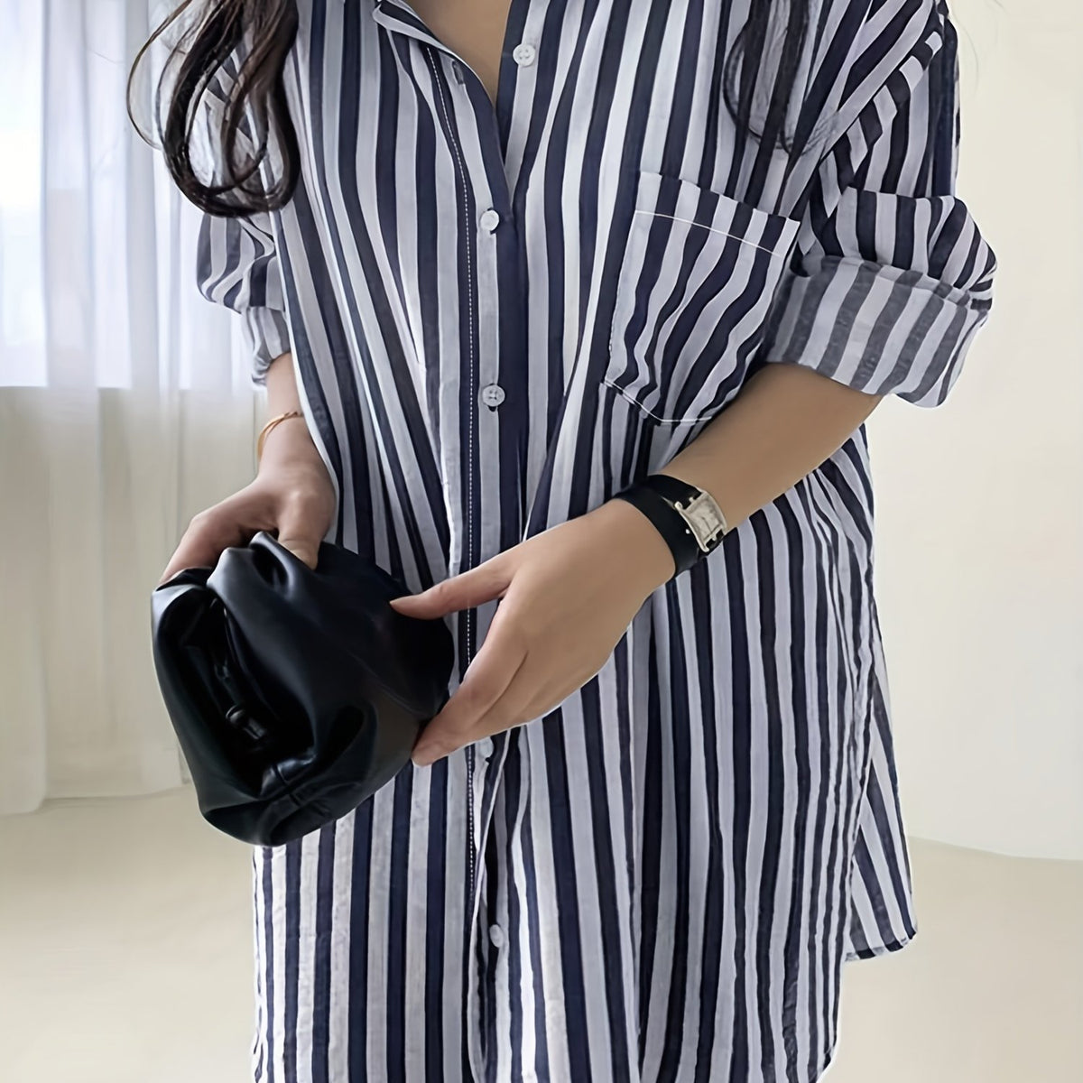  Stripe Print Long Sleeve Button Up Shirt
