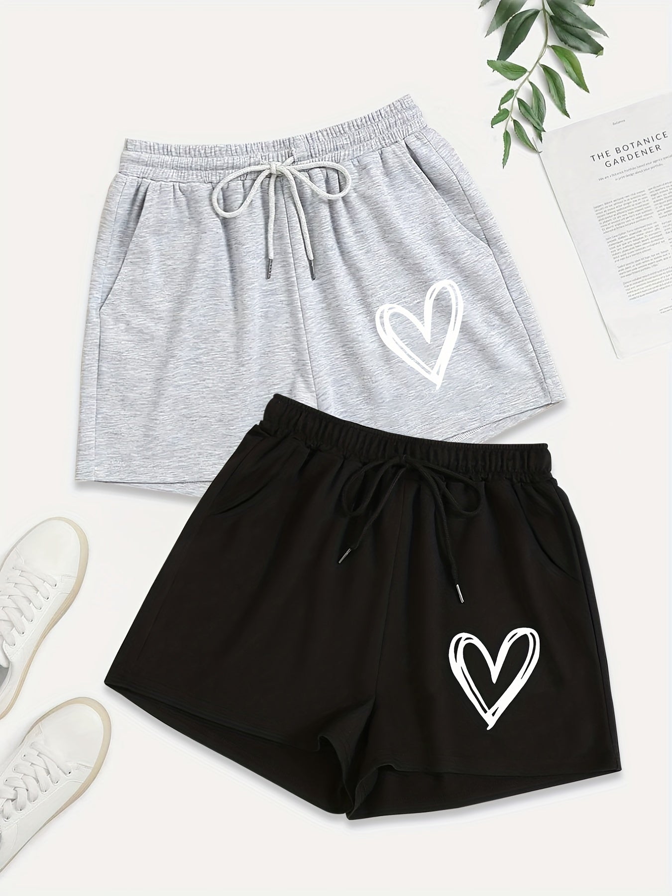2 Pack Plus Size Casual Shorts Women's Plus Heart Print Drawstring Shorts