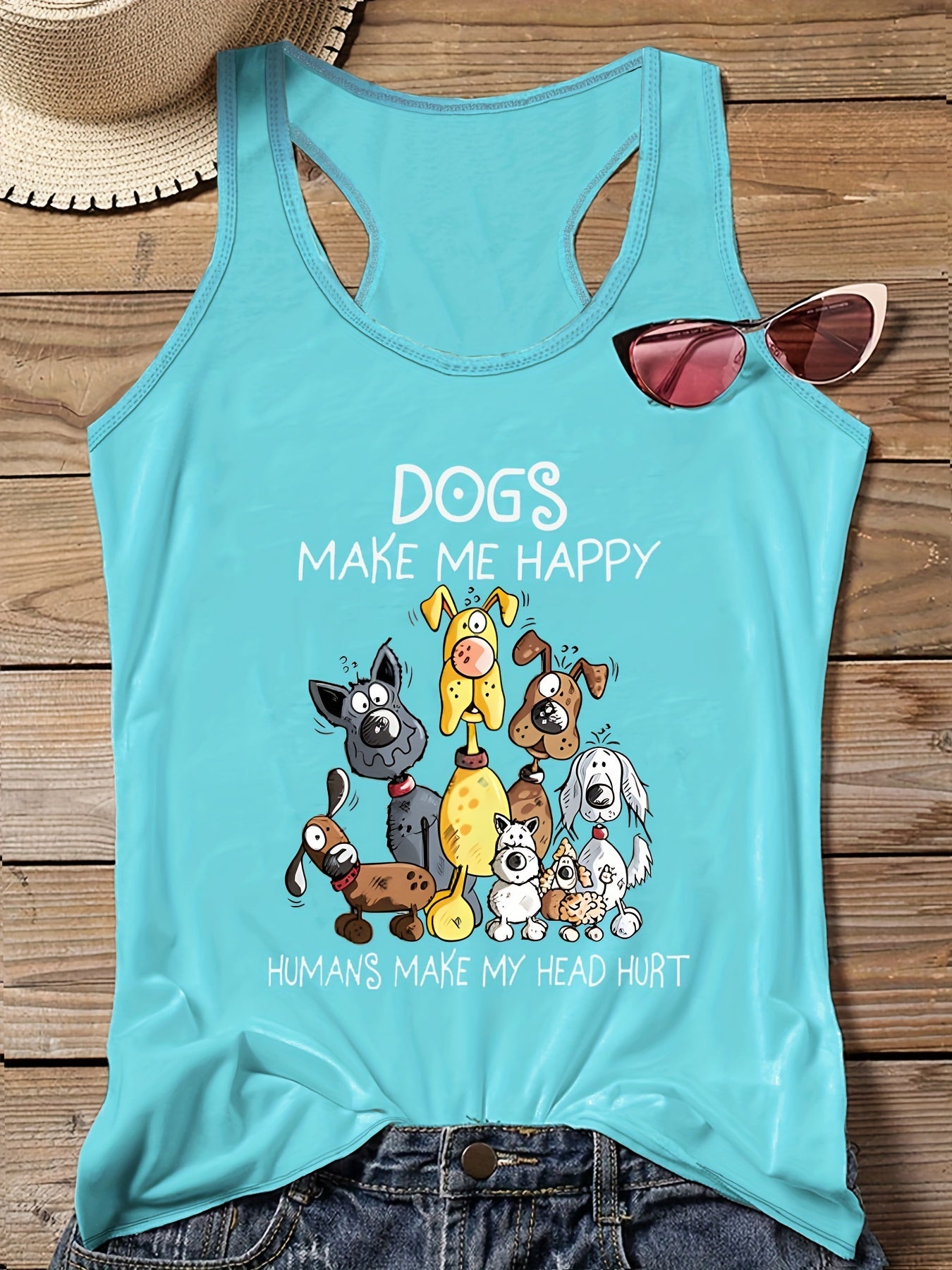  Cartoon Dog Print Round Neck Stretch Vest Top