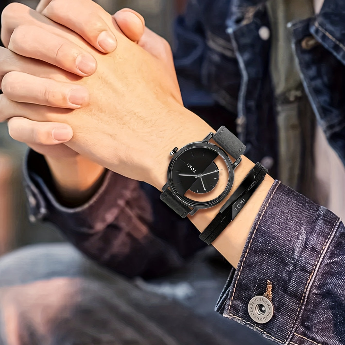 Men's Round Dial Quartz Watch & Letter Detail Bracelet Set