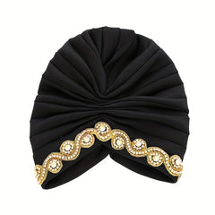 Rhinestone Decor Headwrap Pleated Turban Cap Bonnet Women