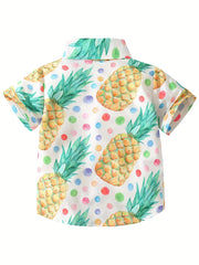 Blooming Flower Print Boys Top Short Sleeve Lapel Shirt for Summer