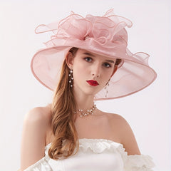 Organza Lace Derby Hat Wide Brim Flower Decor Sun Hat Lightweight