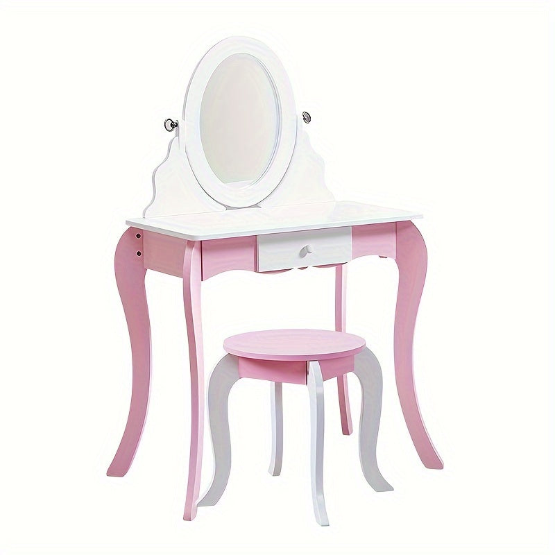 Girls Vanity Set with Mirror and Stool 2 in 1 Top Rotatable Mirror