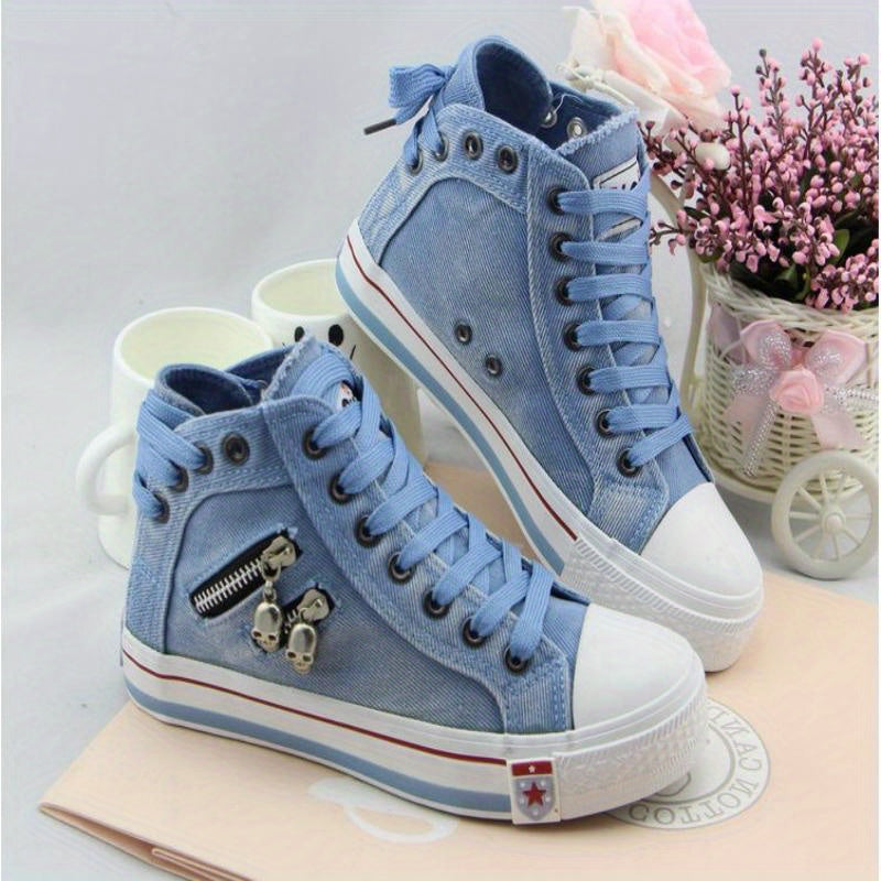 Skull Zipper High Top Canvas Sneakers Lace Up Skate Shoes