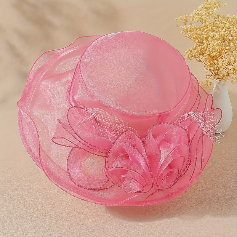 Organza Sun Hat Mesh Flower Derby Solid Bucket Hat Travel Beach Hats