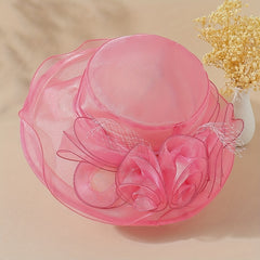 Organza Sun Hat Mesh Flower Derby Solid Bucket Hat Travel Beach Hats